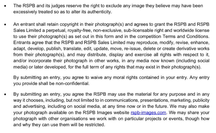 Photographers. When entering photography competitions it is extremely important that you read and understand the T&Cs, as they differ between organisations. These are the T&Cs for the 2022 RSPB calendar comp, and I see multiple 🚩1/2