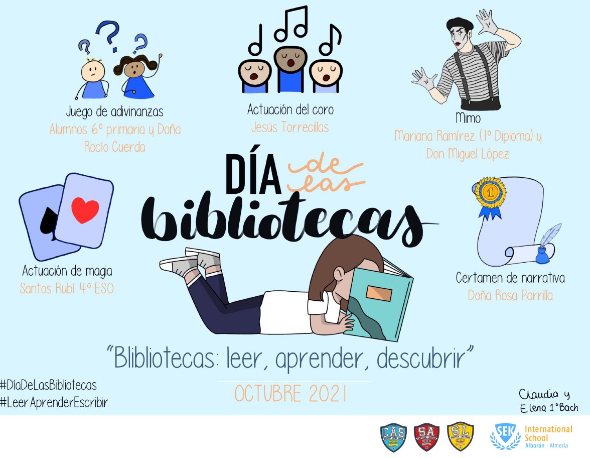bibliosekab's tweet photo. Hoy es el Día de las Bibliotecas 2021, que bajo el lema: leer, aprender, descubrir vamos a festejar la próxima semana con una jornada cultural organizada por alumnos CAS.

Más info: https://t.co/kN7ThqnCqY

#DiaDeLasBibliotecas 
#LeerAprenderDescubrir 
#CAS @sekalboran https://t.co/pQAXjqaj6k