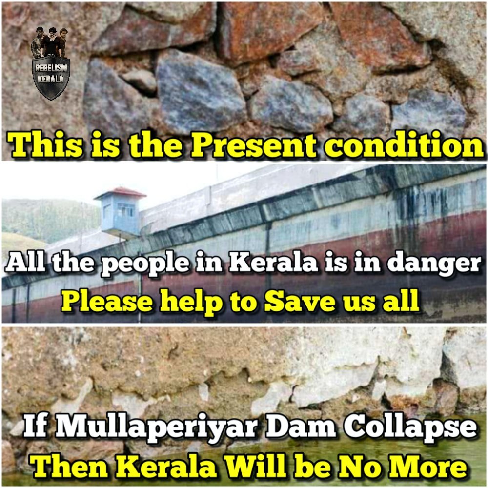RebelismKerala's tweet photo. Alert ⚠️⚠️

Everyone please support us in this trend...This the Matter of 3 lakh lives 😢🙏

Make the Tag 👇
 #DecommisionMullaperiyarDam
National wide trend to save our life..

We all are in danger 😢😢

Today at 7PM!

#savekerala #mullaperiyar
#DecommisionMullaperiyarDam https://t.co/w0nMRw9NLg