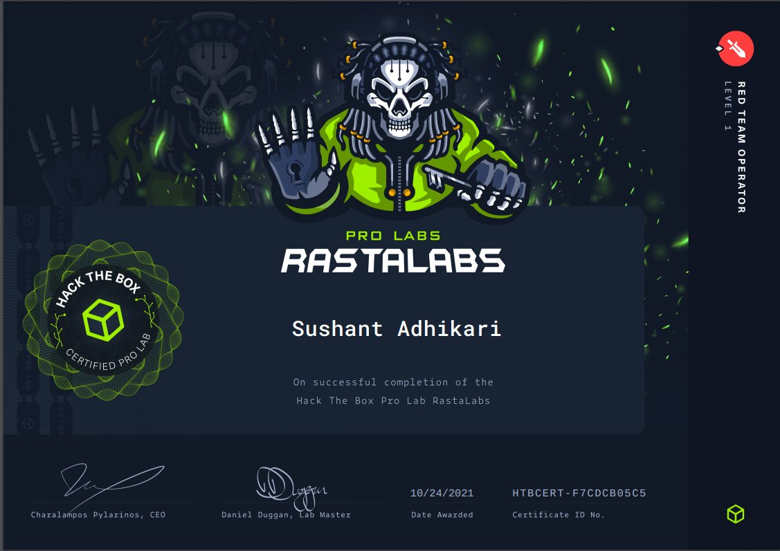 I finally completed <a href="/hackthebox_eu/">Hack The Box</a> #RastaLabs. Big shoutout to <a href="/_RastaMouse/">Rasta Mouse</a> for creating the lab. Took me months to get all the flags but very worth it!