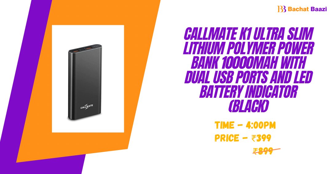 CALLMATE K1 Ultra Slim Lithium Polymer Power Bank 10000mAH with Dual USB Ports and LED Battery Indicator (Black) will be available at the lowest possible price at 4:00 PM⁠.⠀

Link in Bio

#product #sale #offer #offersale #discount #shopping