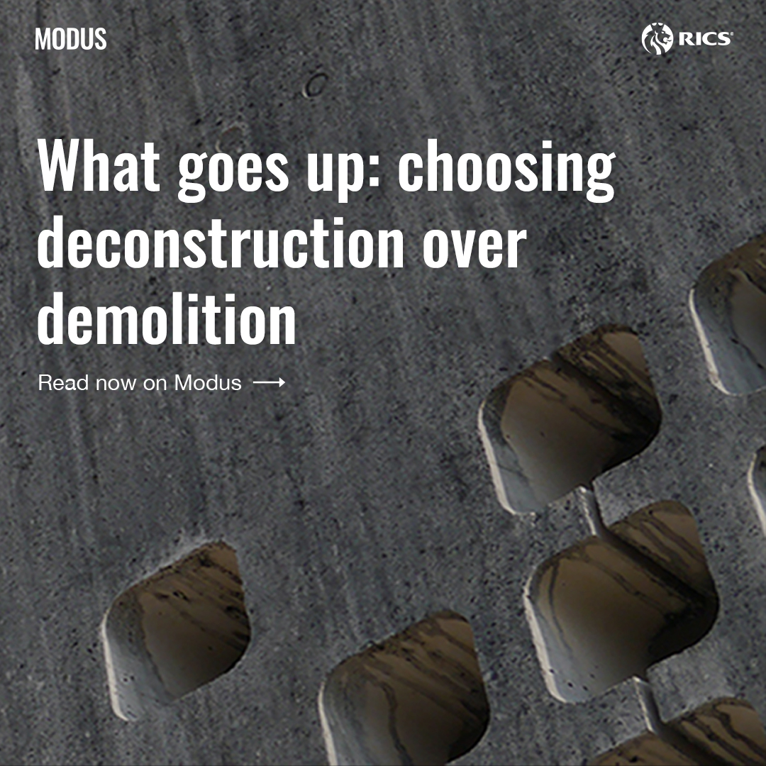 RICSnews's tweet photo. Deconstruction of buildings is a more sustainable alternative to demolition. 

But is it always a practical and affordable option? 

#RICSModus weighs up the pros and cons of deconstruction: https://t.co/oJcJslPiFn https://t.co/JHzI27laW3