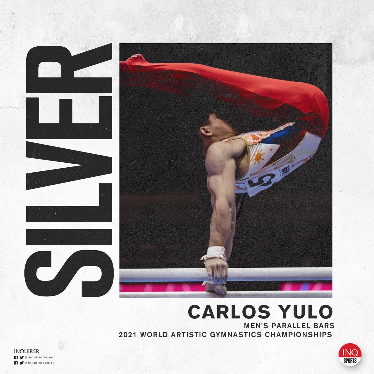 inquirersports's tweet photo. TWO MEDALS FOR CALOY! 🥇🥈 

After winning gold in vault, Carlos Yulo secures the silver medal in the parallel bars event at the 2021 World Artistic Gymnastics Championships. Congratulations! #LabanPilipinas 🇵🇭 https://t.co/Z3hxBRCCFu