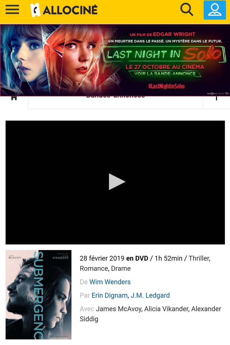 submergencefan's tweet photo. Bonjour, @uniFrance 
NON, Submergence n'est JAMAIS sorti en France ! Ni au ciné, ni en BR/DVD ni en VOD !
La date du 28/02/19 correspond à la sortie DVD aux Pays Bas ( erreur sur Allocine &amp; IMDb).
S' il y a vrmnt eu une sortie dvd pourriez vous indiquer une ref pour le commander? https://t.co/DaFbhNOvuD