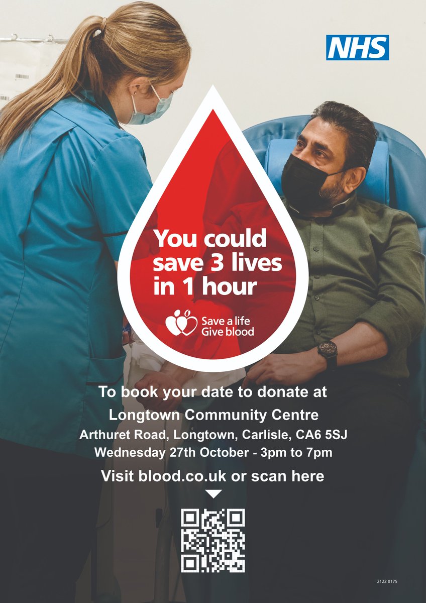 Give blood to help save lives
Wednesday 27th October - 3 to 7pm
Longtown Community Centre
Visit blood.co.uk to book a slot