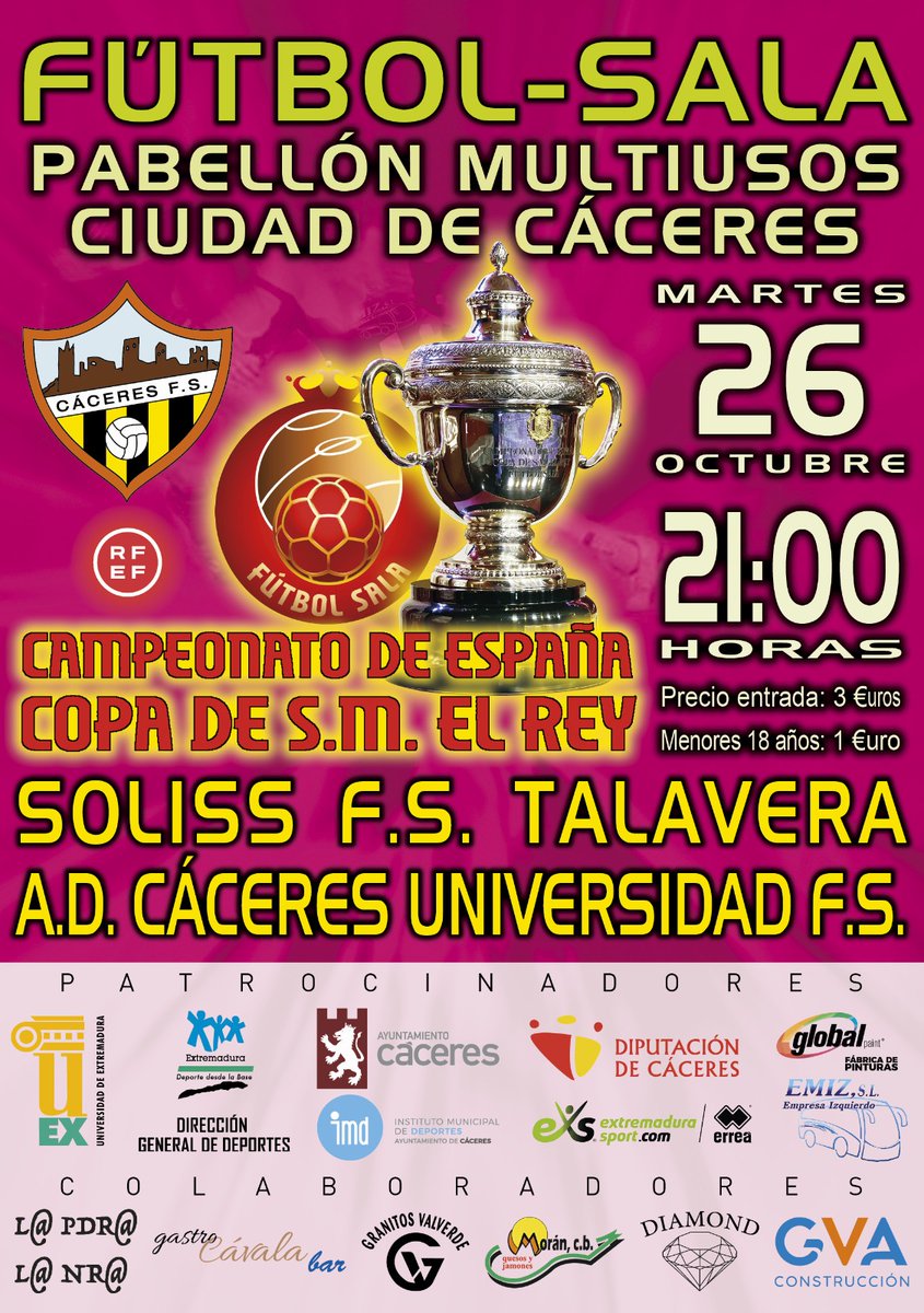 futsalCaceres's tweet photo. Copa del Rey 

@CaceresUExFS 🆚 @TalaveraFS 

Los cacereños marcan historia en Extremadura. Gran partido que no te puedes perder. 

#GoUEx #CopaDelRey https://t.co/4iRWB4yrTb