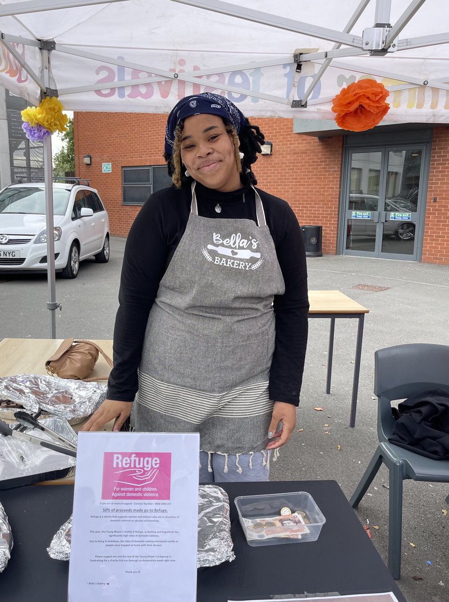 CllrECarpenter's tweet photo. Barking &amp; Dagenham’s Young Mayor, Labella Anum, raising funds for Refuge at Sydney Russell School’s FestivAll on Saturday, celebrating the Becontree estate’s Centenary  and supported by a host of arts organisations , including the Barbican , for which many thanks. https://t.co/foPOyM2U6j