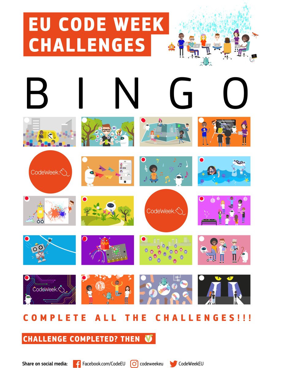 MaGiBattaglia's tweet image. The week of @CodeWeekEU #CodeWeek  is coming to an end, but the students' work continues. This is our #CodeWeek4AllChallenge Bingo Card. With what we have learned, we have already won!