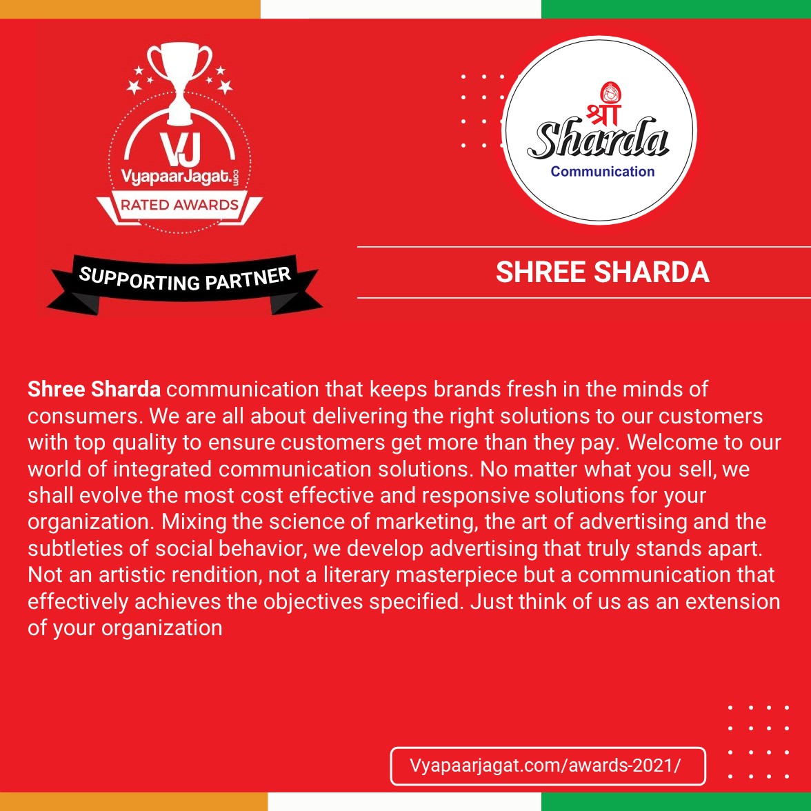 VyapaarJagatcom's tweet photo. We would like to say THANK YOU Shree Sharda Communication
for being our Marketing Partner.
Gratitude for your support!
#MeraVyapaarMeriPahechan #PartnerWelcome #vyapaarjagat #vjca2021 #awards2021 #vyapaarjagatawards #businessawards https://t.co/3XtYssSjeZ