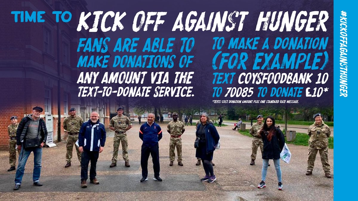 THSTOfficial's tweet photo. Sunday lunchtime kick off today. While you’re tucking into your roast, spare a thought for those less fortunate. Donate what you can to our local foodbanks @TottFoodbank @FoodbankEnfield
📱Text COYSFOODBANK 10 to 70085 to donate £10
#KickOffAgainstHunger https://t.co/iGGUnX5Fc1
