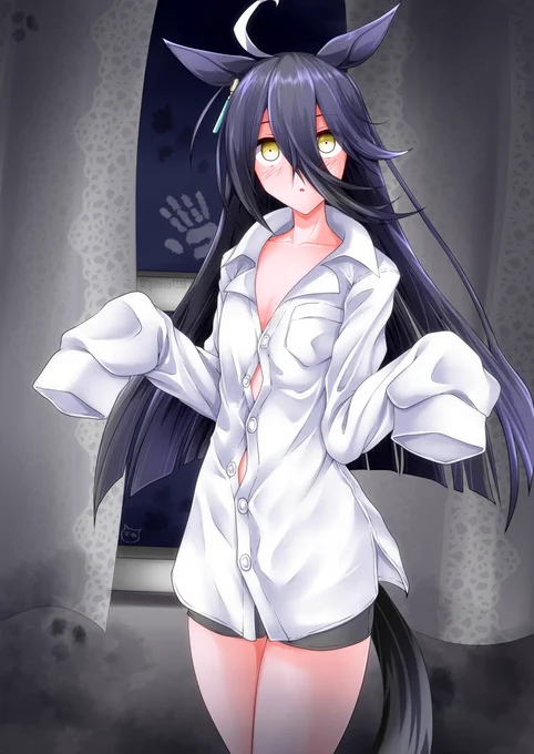 #ウマ娘 
#マンハッタンカフェ 
トレーナーのシャツを勝手に拝借してたらトレーナに見つかったカフェ
どうやらここにいる「お友達や彼らに」着ろと言われたらしい…無論ここにいるのはカフェとトレーナーだけだが… 