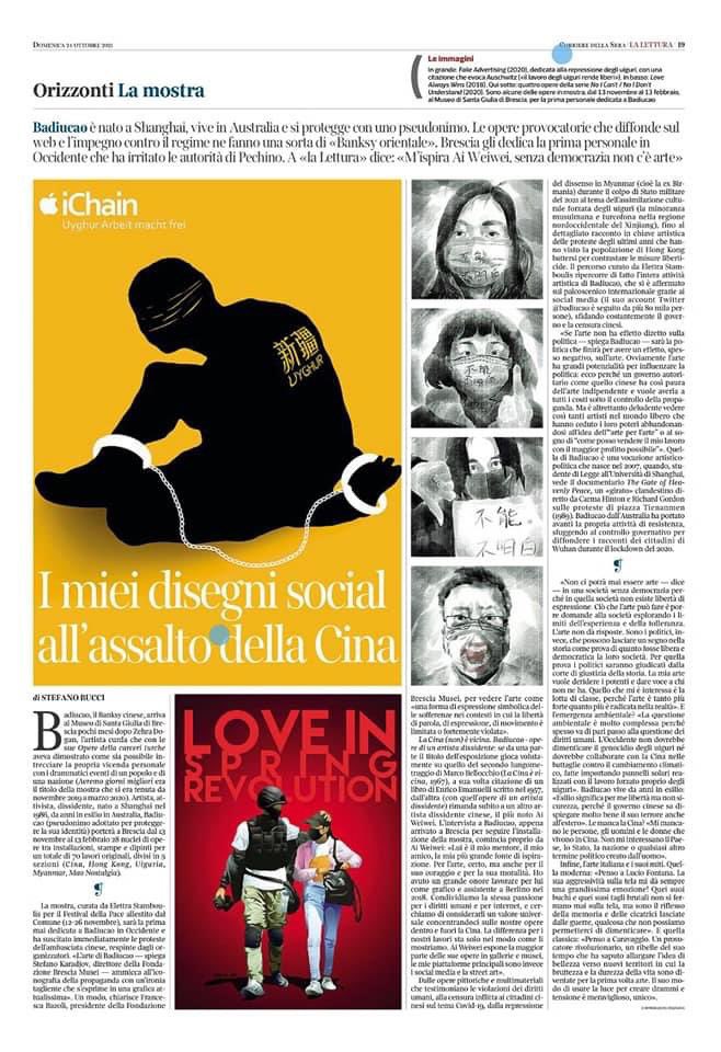 LauCastelletti's tweet photo. @La_Lettura dedica oggi ampio spazio alla mostra di @badiucao a #Brescia (la prima in Occidente) allestita nell’ambito #FestivaldellaPace. Inauguriamo il 12 novembre nel #museosantagiulia #LaCinaénonéVicina @ComuneBs @BresciaMusei https://t.co/19cnJHBa1V
