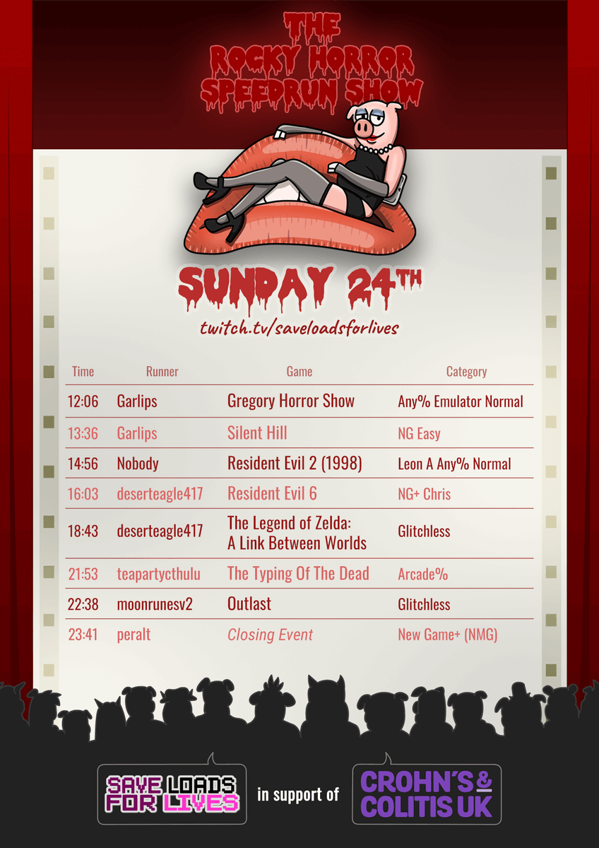 SaveLoads4Lives's tweet photo. 30 MINUTE WARNING!!!!

We are 30 mins out from day 2 of The Rocky Horror Speedrun Show.

We have some more amazing runs coming up today to help raise funds for @CrohnsColitisUK. 

Check out the schedule and catch us live over at https://t.co/3WIuzcf9d9

#Speedrun
#Marathon https://t.co/nR5DzIxQ0T