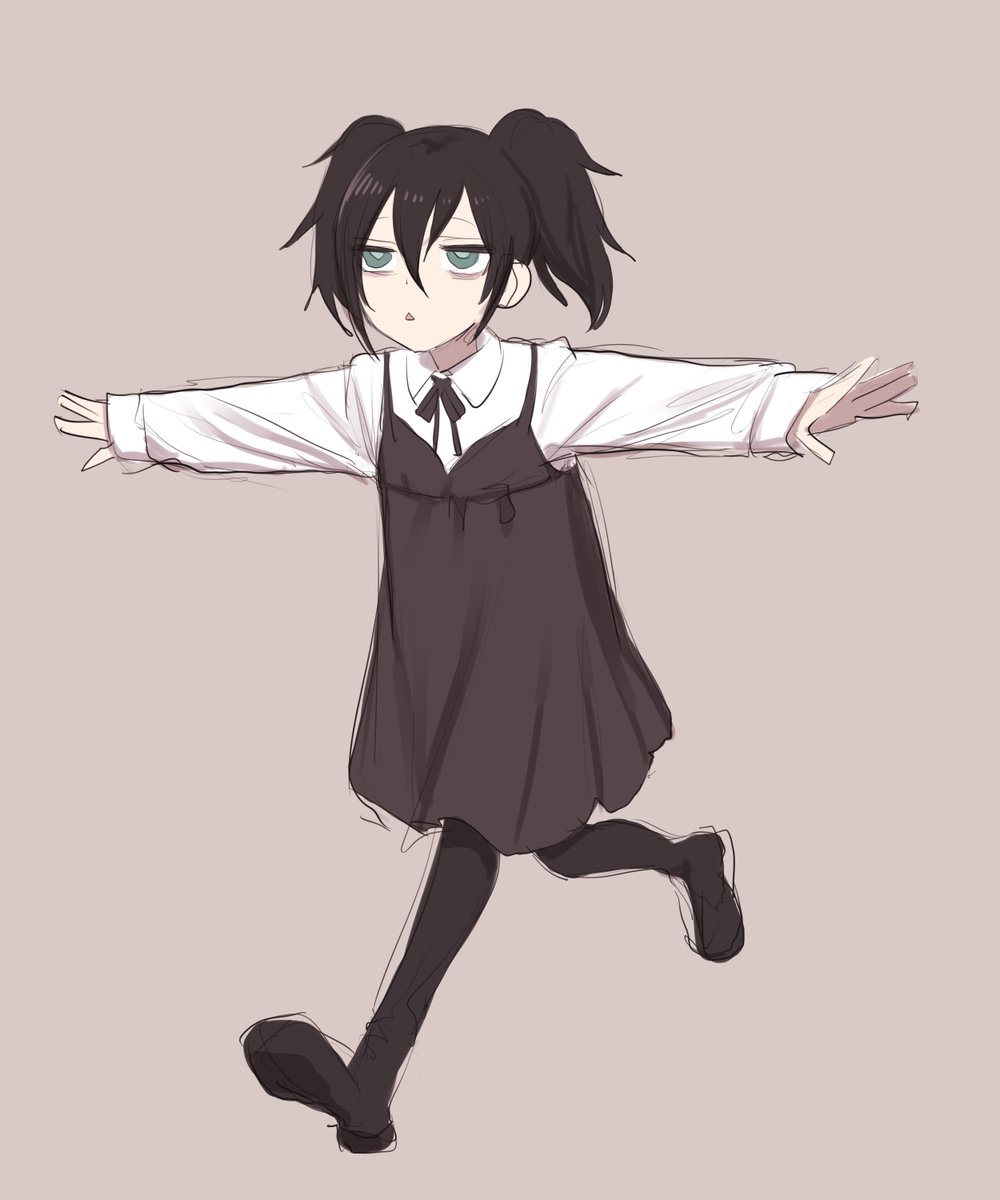 kuroki tomoko 1girl solo black hair twintails bags under eyes dress simple background  illustration images