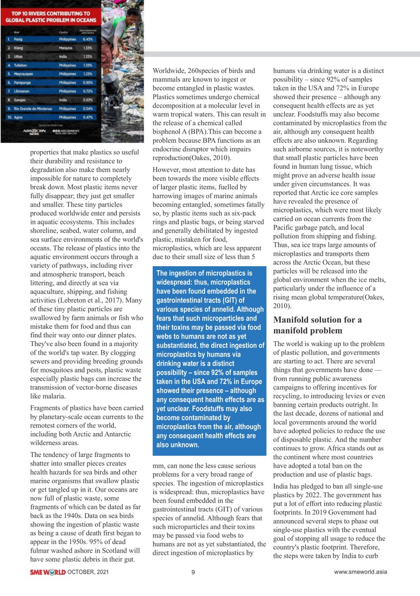 drarvindkumar1's tweet photo. Dear Friends, Please find my recent article '#PlasticPollution: #AGlobalTragedy' published in #SMEWorld magazine, October 2021 Vol. XIV, No. 10 issue. Please feel free to share your suggestions and inputs.....Read more https://t.co/oN68Z6woco https://t.co/xyIVkFp439