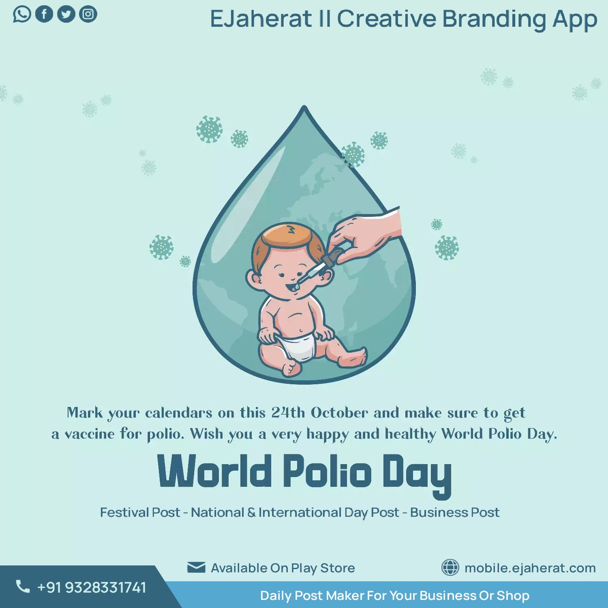 EJaherat's tweet photo. World Polio Day

#worldpolioday #polio #polioday #internationalpolioday #socialmediapost #socialmediamarketing #marketingdigital #child #eJaherat #festiveseason #awareness https://t.co/t8011kiEU0