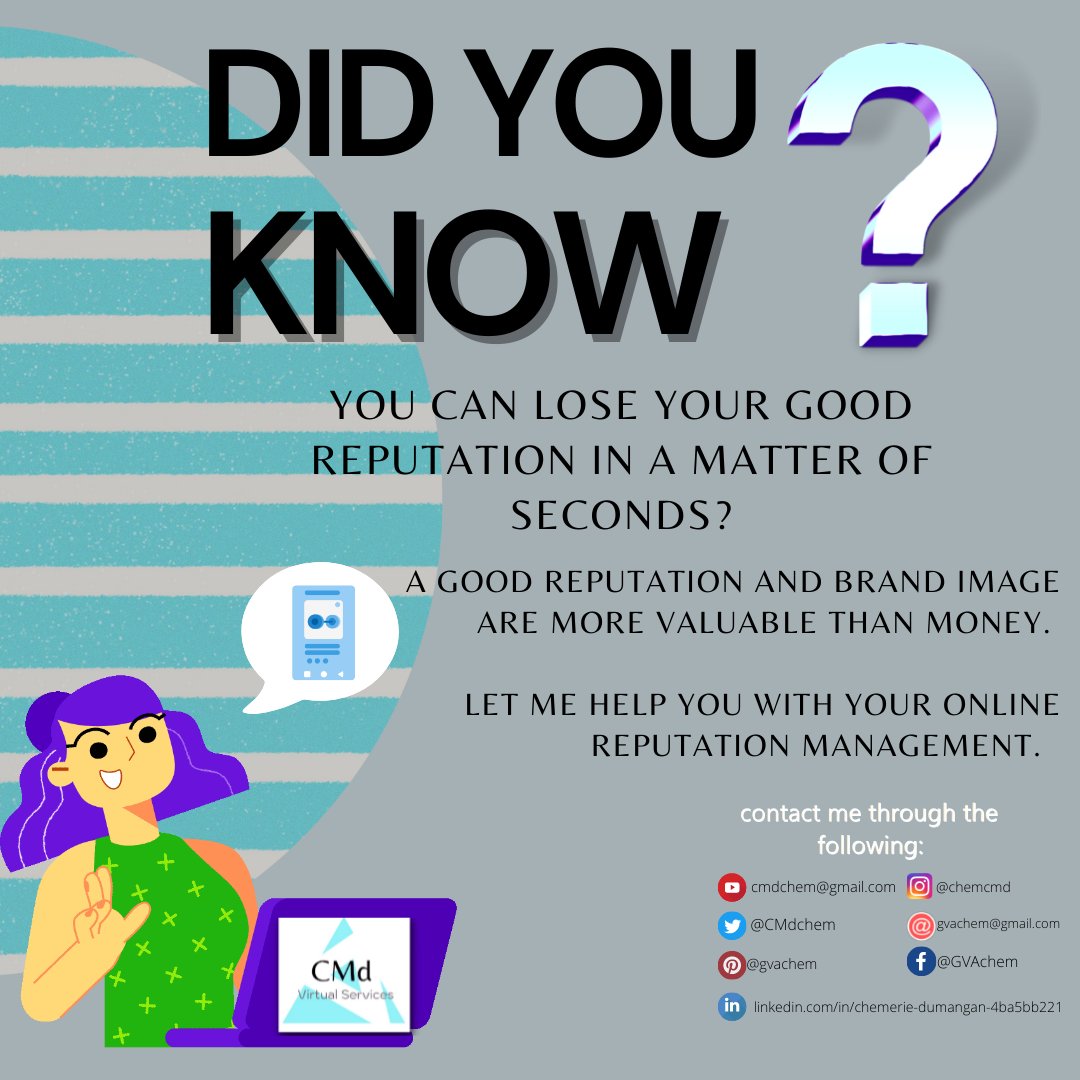 CMdchem's tweet image. Online Reputation Management
By actively managing your reputation, you can minimize negative customer feedback. Let's get more positive feedback on:
👍Facebook, Instagram &amp;amp; more.
Let's talk about it:
🛎️ bit.ly/3G6KXOc
✅ bit.ly/3pzwBjR
#CMdVirtualServices
#ORM