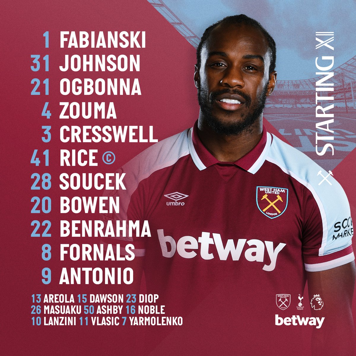 WestHam's tweet photo. Here's how we're lining up against Spurs this afternoon...

#WHUTOT | @betway https://t.co/JCKyl0fFKp