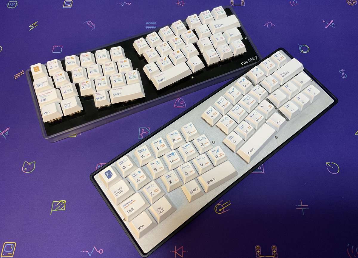 0002ozlet's tweet photo. Title: Aluminum,No aluminum
keyboard:cool847(Aluminum plate,FR-4 plate)
keyswitch:aqua king
keycap: Cherry Profile PBT PS/AI Subject Dye-subbed Keycaps Set
#俺キー #KEEB_PD #KEEB_PD_R67 #自作キーボード #Keeb #keyboard #cool847 #laserboost https://t.co/yx31tq7I5M