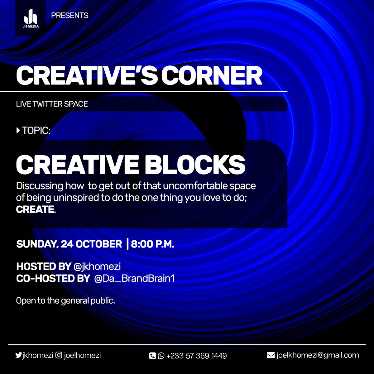 jkhomezi's tweet photo. #CreativesCorner comes on tonight at 8pm.
We discuss how to get out of the uncomfortable space of being unable to create.

Set your reminder and don't miss.
Kindly retweet https://t.co/tsF0R87Pw8