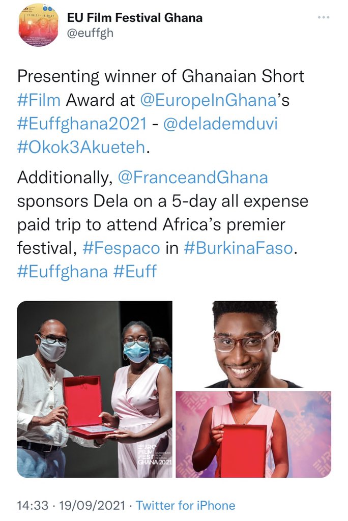 euffgh's tweet photo. How it started                     How it ended

@delademduvi at @FESPACO3 #Fespaco #Fespaco2021 live in #Ouagadougou - #BurkinaFaso sponsored by @FranceandGhana for winning #Ghanaian Short Film Award at @EuropeInGhana’s #Euffghana2021. https://t.co/1PDHyVPZCT