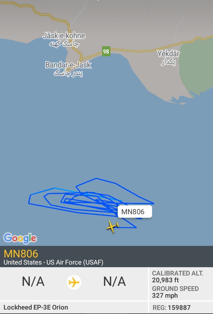 Oceanworldfree's tweet image. 🇺🇲USAF MN806 159887 #AE1D94

#Jask's coast
#GulfOfOman

#Hormozgan
#IranianNavy base
#NekaJaskPipeline

Lockheed EP-3E Orion