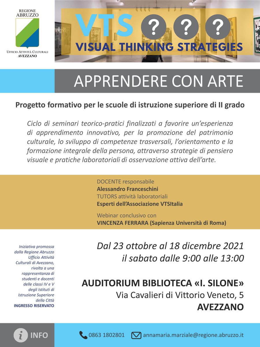 alefra_az's tweet photo. Educare lo sguardo attraverso l'osservazione attiva dell'arte per apprendere meglio. Seminari teorico-pratici promossi dalla #RegioneAbruzzo per gli studenti delle scuole superiori di Avezzano. #ThePowerOfArt #VisualThinkingStrategies (VTS) https://t.co/wtpwLhH8qQ