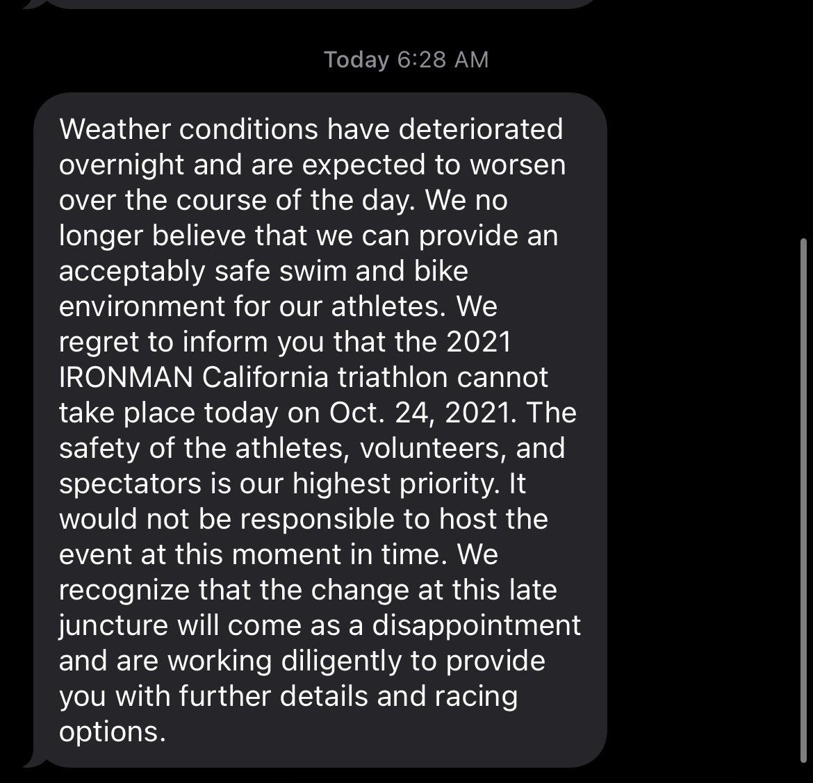 BREAKING: The first-ever Ironman in Sacramento has been canceled less than an hour from the first start time because of severe weather, saying it would not be responsible to host the event at this time. Here’s a look at the text that just went out to all competing athletes <a href="/ABC10/">ABC10</a>