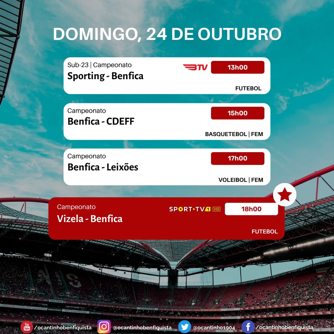 OCantinho1904's tweet photo. Hoje temos mais Sport Lisboa e Benfica para acabar o fim de semana. Começamos com um Dérbi na Liga Revelação e acabamos em Vizela com a equipa principal.
#SoHáUmBenfica #MadeInBenfica #VFCSLB #LigaRevelação #BasketBenficaFem #VóleiBenficaFem #SCPSLB #DiaDeBenfica https://t.co/eDae9cijPP