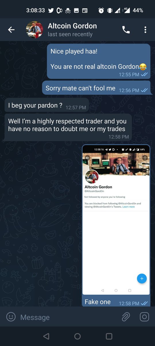afaqimran49's tweet photo. @gordongekko 
Just want to share so that real altcoin Gordon could spread message as to how imposters are trying to scam and loot your hard earned money. Just see the screenshots.
God a little consciousness saved me from falling prey.
The real @gordongekko advice followers. https://t.co/aumMCtn7wr