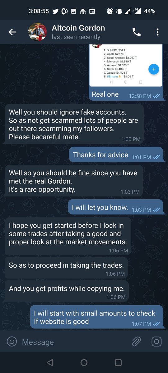 afaqimran49's tweet photo. @gordongekko 
Just want to share so that real altcoin Gordon could spread message as to how imposters are trying to scam and loot your hard earned money. Just see the screenshots.
God a little consciousness saved me from falling prey.
The real @gordongekko advice followers. https://t.co/aumMCtn7wr