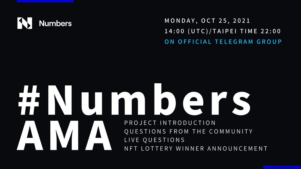 numbersprotocol's tweet photo. 🌟Official #NumbersAMA is coming on Oct. 25!
📆Monday, Oct 25, 2021
⏰14:00 (UTC)/Taipei Time 22:00
📍https://t.co/nubEt2Dkdb
🏅We will announce the Honor Badge NFT lottery winners at the end of the event!
Join the group & SAVE THE DATE! https://t.co/kXAKJNNeYD