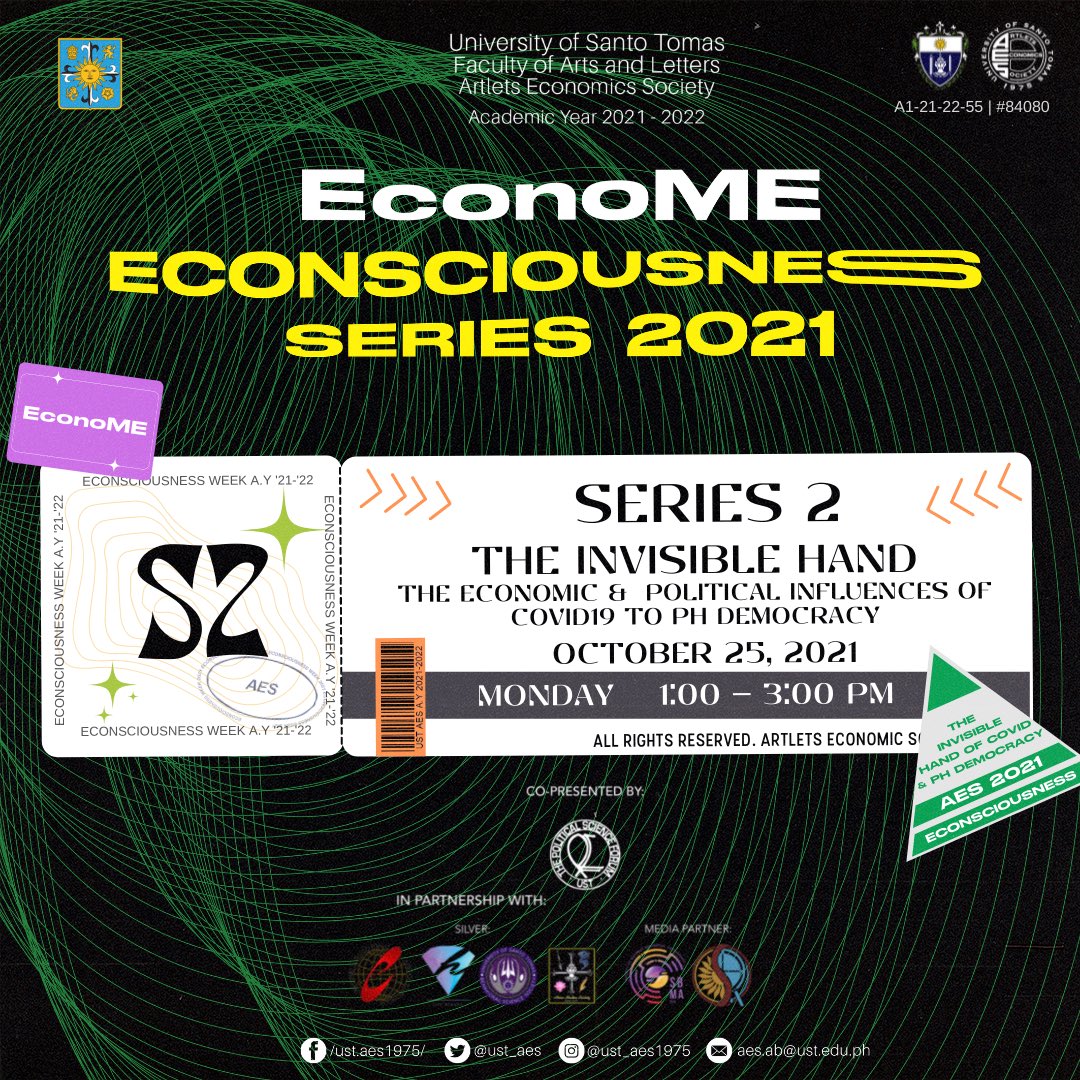 UST_AES's tweet photo. Hold tight, Ekonomistas! We’re almost at our destination! 🚀

On the second day of our Econsciousness Series, we are now at The Invisible Hand: The Economic and Political Influences of Covid-19 on Ph Democracy. 🖐🇵🇭

(1/7) https://t.co/xV4XhMH7Pb