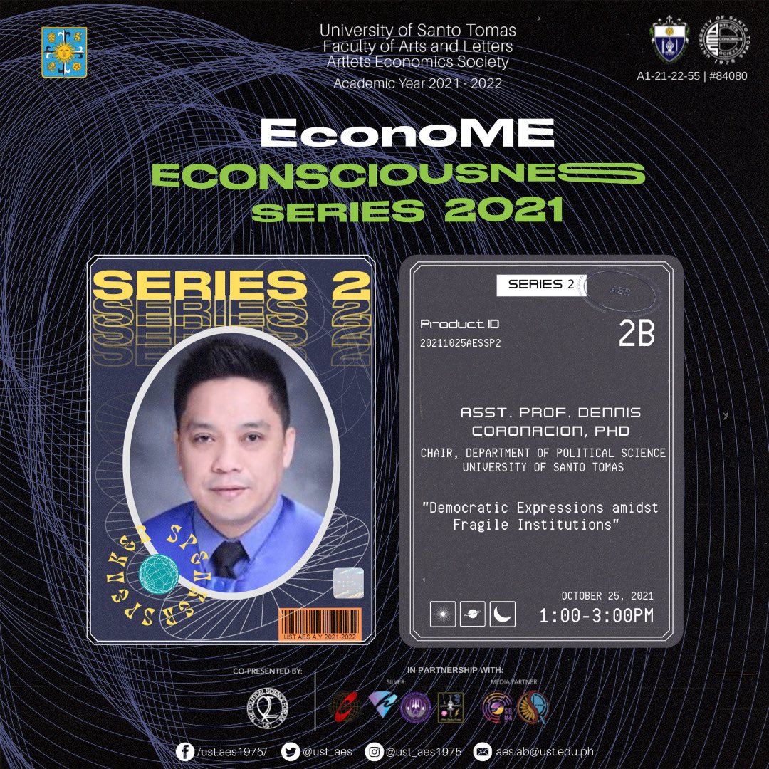 UST_AES's tweet photo. Hold tight, Ekonomistas! We’re almost at our destination! 🚀

On the second day of our Econsciousness Series, we are now at The Invisible Hand: The Economic and Political Influences of Covid-19 on Ph Democracy. 🖐🇵🇭

(1/7) https://t.co/xV4XhMH7Pb
