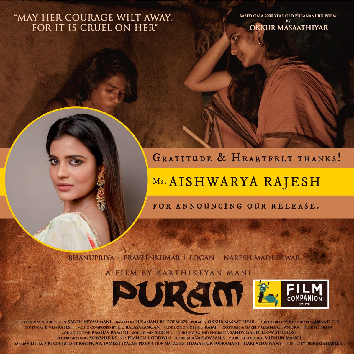 Puram_TheFilm's tweet photo. @aishu_dil @keyanmk @bhanu___priyaa @actorthelogan @NareshMadeswar @gk_anand @KCBalasarangan @fcompanionsouth We thank you on behalf of our entire team for supporting our film! Your support meant the world to us. You are such an inspiration. #AishwaryaRajesh #Puram @fcompanionsouth @keyanmk @bhanu___priyaa @actorthelogan @NareshMadeswar @KCBalasarangan @gk_anand https://t.co/yiyJcKx74y