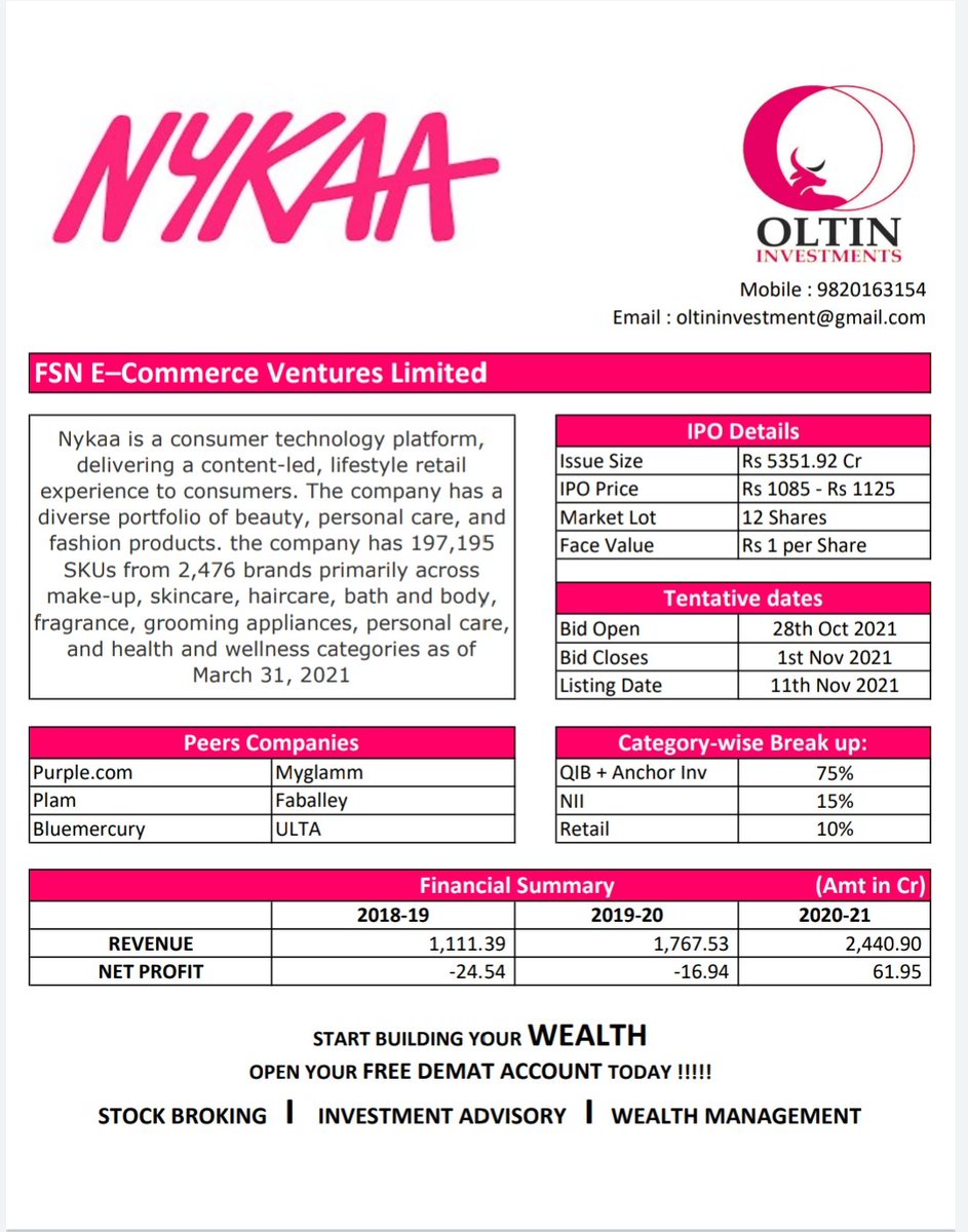 oltinInvestment's tweet photo. IPO alert !!!!!
@MyNykaa @nykaafashion 

IPO dates : 28th Oct to 1st Nov 

IPO price : 1085 - 1125 https://t.co/BUhYKP1Xhr