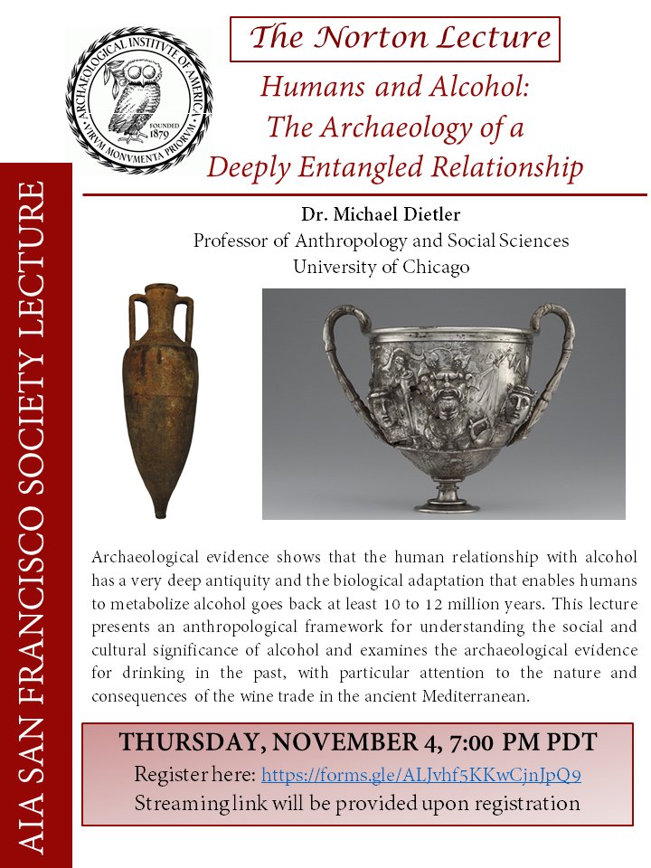 BerkeleyDAGRS's tweet photo. 🍷🏺 Thursday, Nov. 4 @ 7:00pm PDT, the @archaeology_aia Norton Lecture w/ Michael Dietler (@UChicago) about the #wine trade in the ancient Mediterranean! Details: https://t.co/uhASgBZl1S
Cheers 🍷🥂🍻🏺🏛
#Archaeology #Wine #Beer #Alcohol #Anthropology #Humanities #Culture https://t.co/3e4LAcrJXn