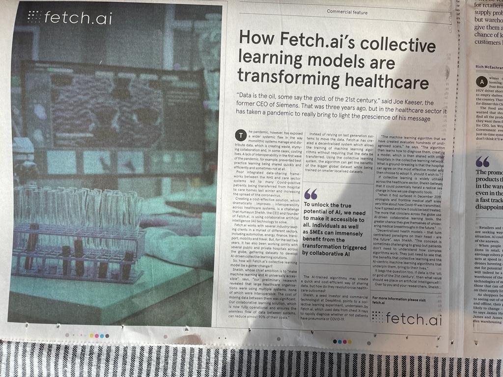 Fetch_ai's tweet photo. 📰https://t.co/kJ9URVpOul's Collective Learning is featured under "AI for Business" - a special report from @raconteur on today's edition of the @thesundaytimes https://t.co/OLupevdWUv