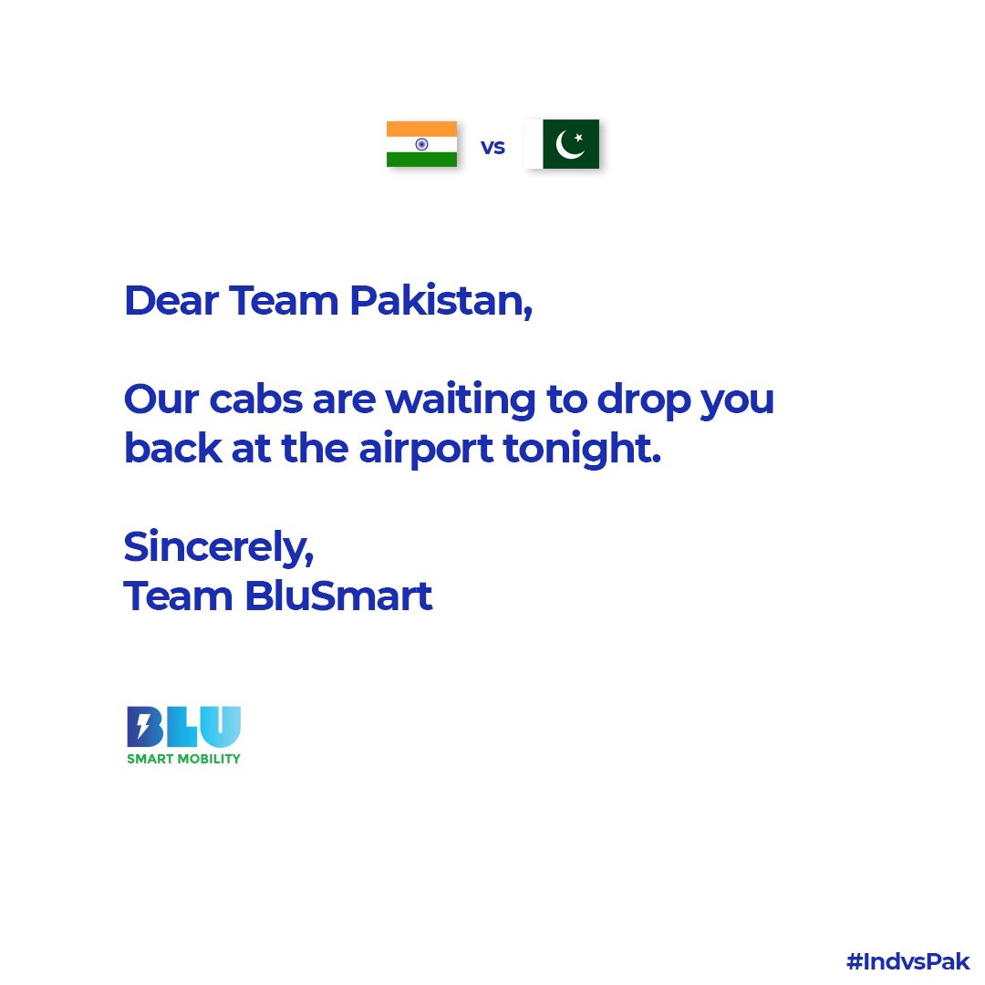 BluSmartIndia's tweet photo. Inshallah, the boys in Blu(e) will play well! 🇮🇳🤩

#indvspak #IndiaVsPakistan #trending #topicalspot #cricketmatch #momentmarketing #thirteenzero #sixzero #T20worldcup #electriccabs #electricmobility #electricvehicles https://t.co/Uh9X67o51v
