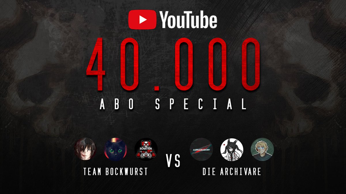 Und im Anschluss, kommt um 20 Uhr auf <a href="/Hellscythe_Cp/">Hellscythe_YT</a> Kanal sein 40.000 Abo Special raus. Zusammen mit einigen Gaststars wie <a href="/SchattenZirkus/">SchattenZirkus</a> <a href="/CruzixNSA/">Cruzix</a> <a href="/PoFMieze/">Mieze</a> <a href="/ArchivOfficial/">Albtraumarchiv</a> und meiner Wenigkeit^^.