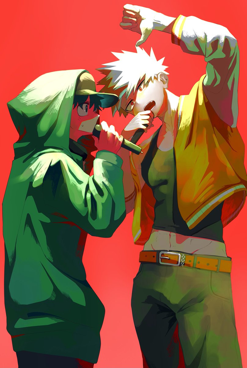 bakugou katsuki ,midoriya izuku multiple boys 2boys holding microphone hood male focus microphone spiked hair  illustration images