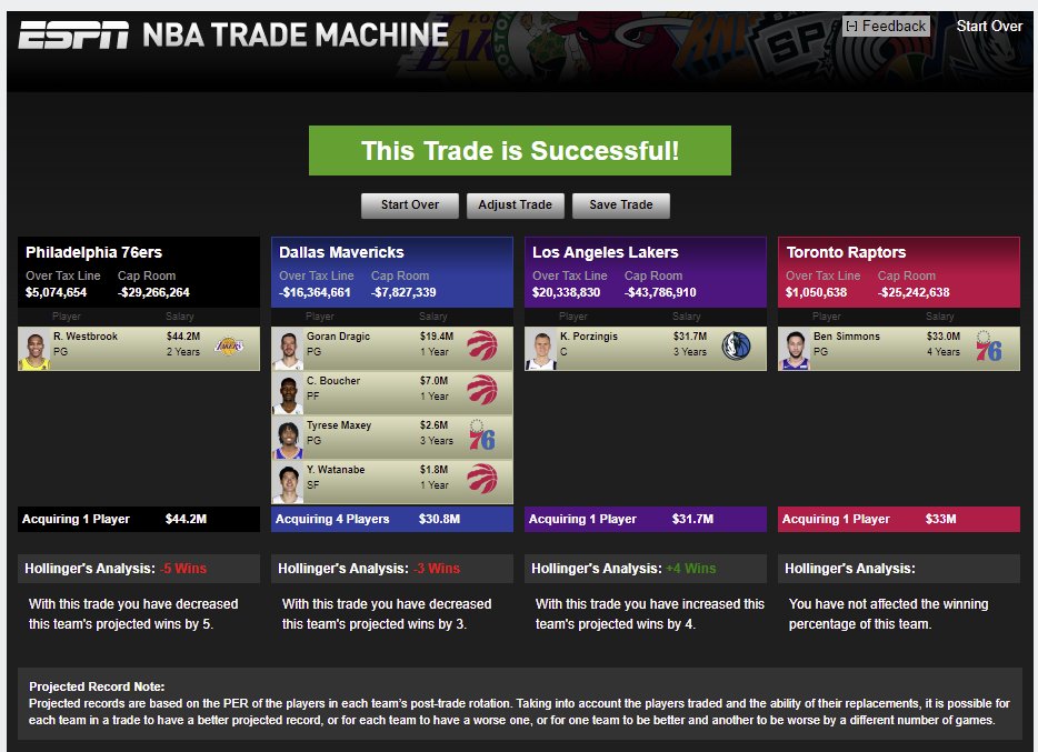 keithdon's tweet photo. Everyone wins? 
76ers receive Westbrook
Raptors receive Simmons
Lakers receive Porzingis
Mavs receive Dragic, Maxey, Boucher, Watanabe
#NBA #trade #NBATwitter https://t.co/fYCpYKSTm3