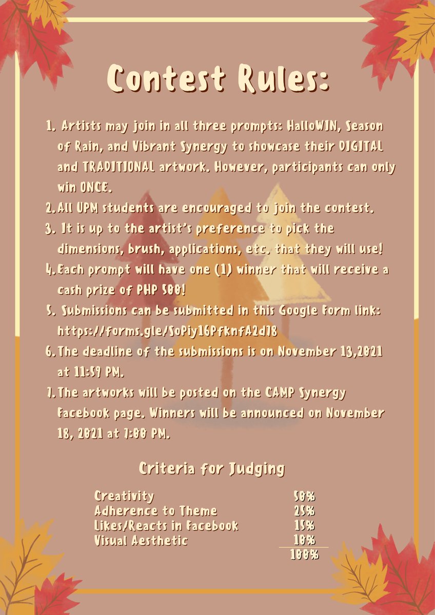 CAMPSynergy's tweet photo. 🎃 Pumpkin spice and everything nice is coming your way! ✨ 

SYNERGY presents 🍂 𝘼𝙍𝙏𝙤𝙗𝙚𝙧: 𝙏𝙝𝙚 𝙎𝙮𝙣𝙚𝙧𝙜𝙞𝙨𝙩𝙞𝙘 𝘼𝙧𝙩𝙨 ����𝙤 𝙍𝙚𝙢𝙚𝙢𝙗𝙚𝙧 🎨 an art contest open for the creative spirits within all students of UP Manila! 🧑‍🎨👩‍🎨

#SynergyARTober2021 https://t.co/GCDbkEjfvV