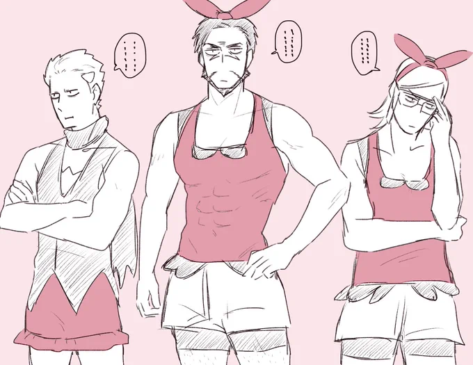 落書きですがお題箱より
「女主人公の服を着せられたボスズ」

個人的に描いててキッツくない人選にしました 