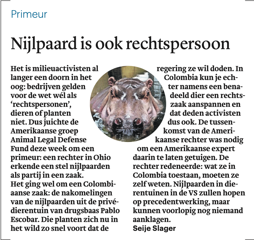 RuudvdVelden010's tweet photo. Goed nieuws! Een #dier is ook een #rechtspersoon. Dat bepaalde een rechter in Amerika in een Colombiaanse zaak.
Zou mooi zijn als dit in NL ook gaat gelden: namens een benadeeld dier een rechtszaak aanspannen. Bijv. voor een dier in de #bioindustrie of #dierentuin.
@trouw https://t.co/AHSikafpZD