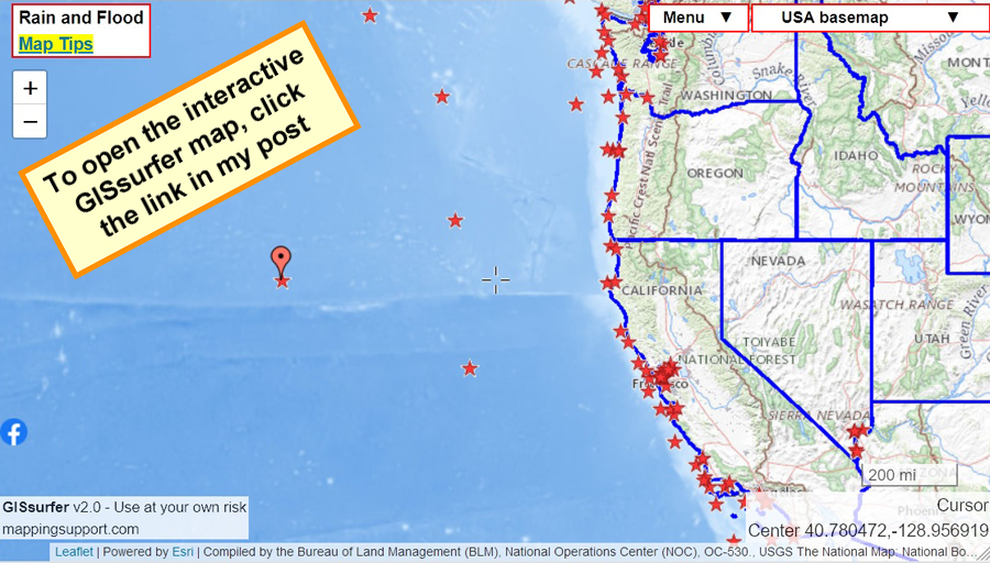MappingSupport's tweet photo. Interactive #GIS map can show wave height at bouys. Open map, click bouy, follow link.
When the data page opens, scroll down to a table with a column titled “WVHT ft”. 40 foot waves at bouy 46006 (marker on map). #HighSurfWarning
Open #GISsurfer map: https://t.co/T95sMMNFGG https://t.co/tffKGeUSXL