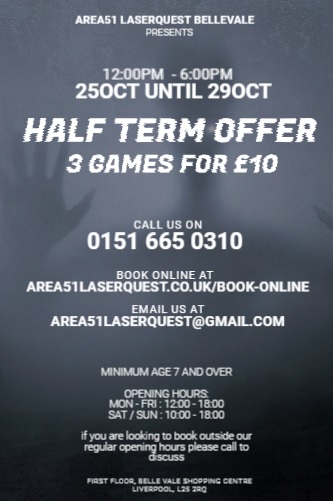 Call us on 0151 665 0310
or book online area51laserquest.co.uk/book-online/