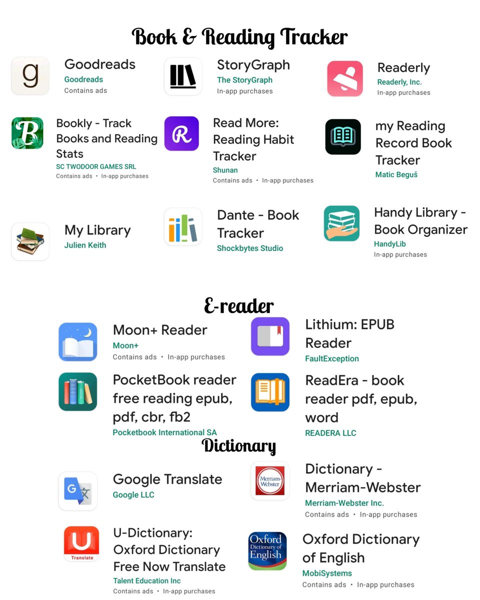 literarybase's tweet photo. /lt aplikasi di Android untuk mendukung kegiatan membaca 📖 

Kiri: Aplikasi untuk membaca e-book dan mendengarkan audiobook
Kanan: Aplikasi pendukung (reading tracker, e-reader, dan kamus) https://t.co/RxNsWe6SDk