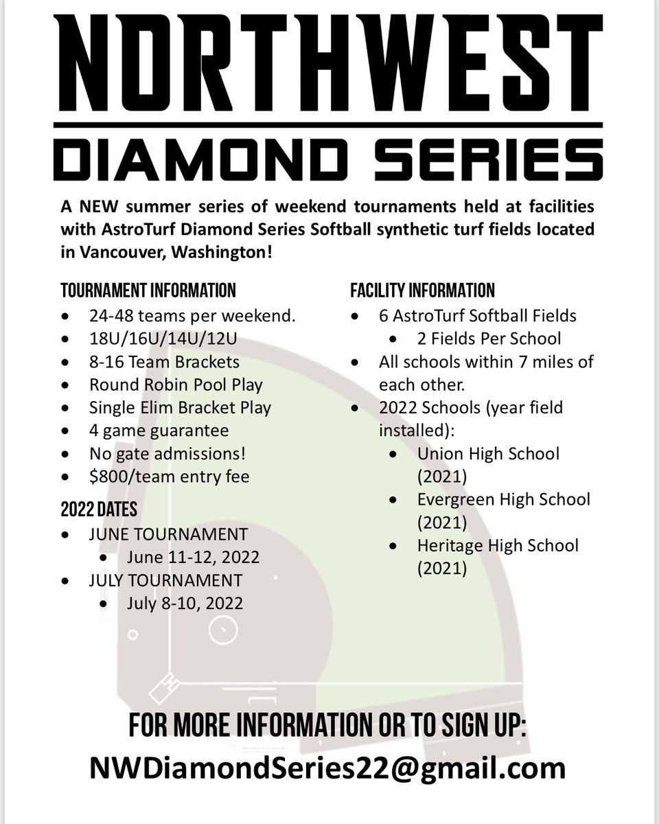 nwdiamondseries's tweet photo. Summer Tournaments ✅
AstroTurf Fields ✅
4 Game Guarantee ✅
18u / 16u / 14u / 12u Divisions ✅

Check out the new Northwest Diamond Series Tournaments in Vancouver this summer! Both baseball and softball options for all our diamond athletes! https://t.co/r8MEkF3mVy