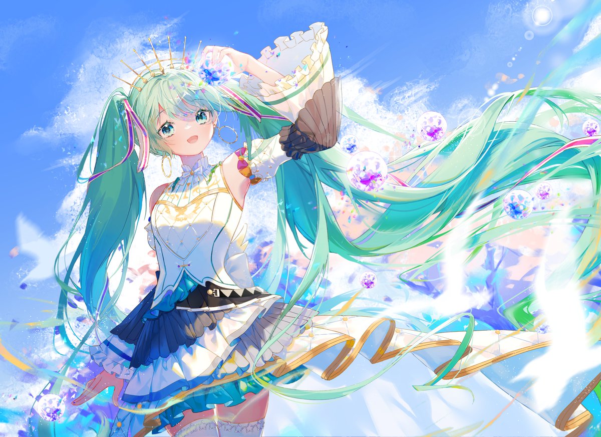 hatsune miku 1girl solo detached sleeves twintails long hair very long hair sky  illustration images